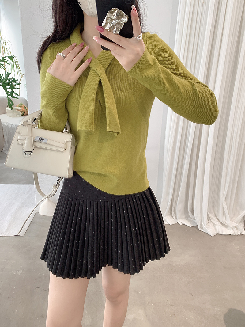 Wool-Blend Tie-Neck Fitted Knit Top