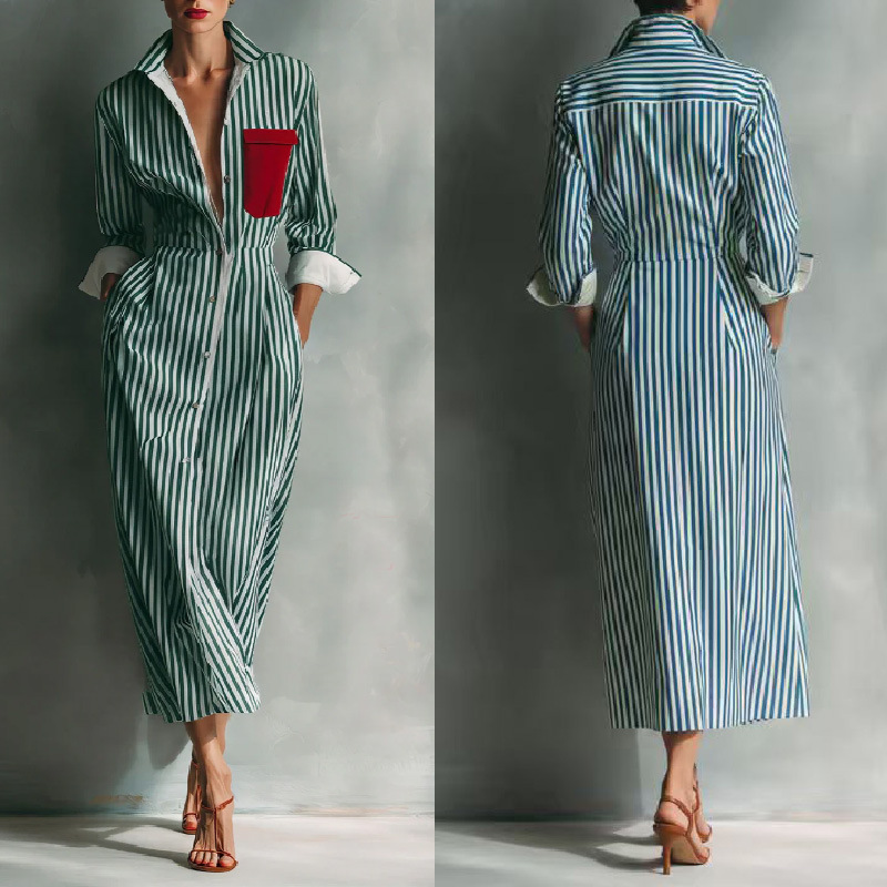 Striped Belted Tie Cuff Shirt Midi Dress
