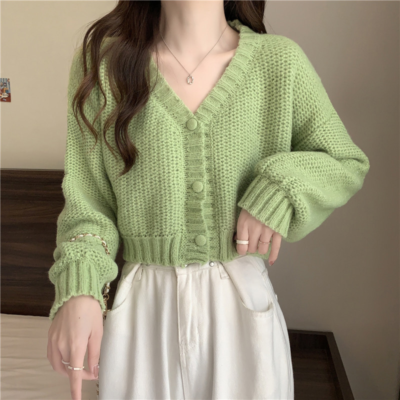 V-Neck Button Wool Blend Cable Knit Cardigan