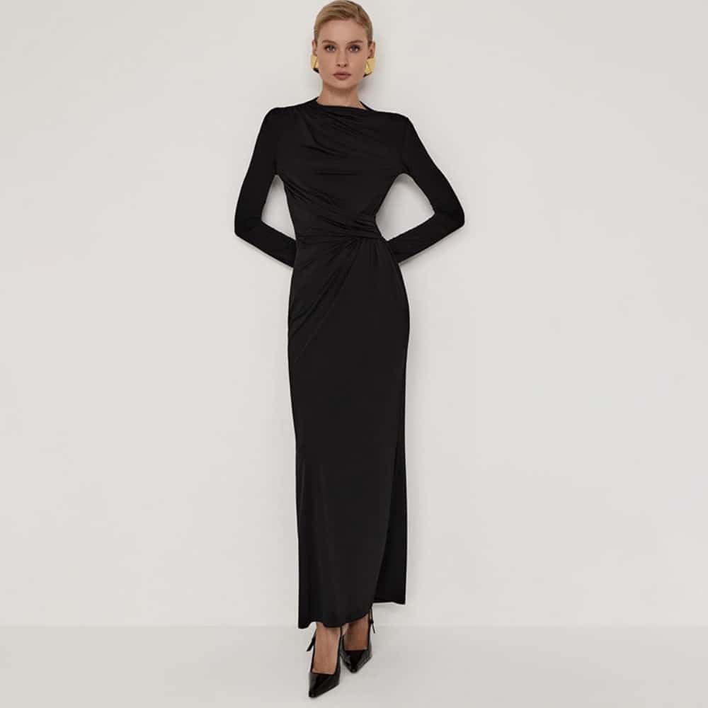 Long Sleeve Ruched Slit Maxi Dress
