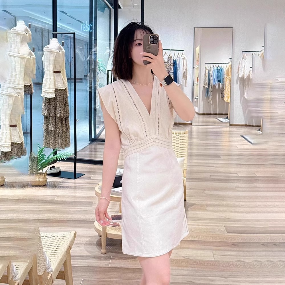 Linen Blend Eyelet Trim Sleeveless Mini Dress