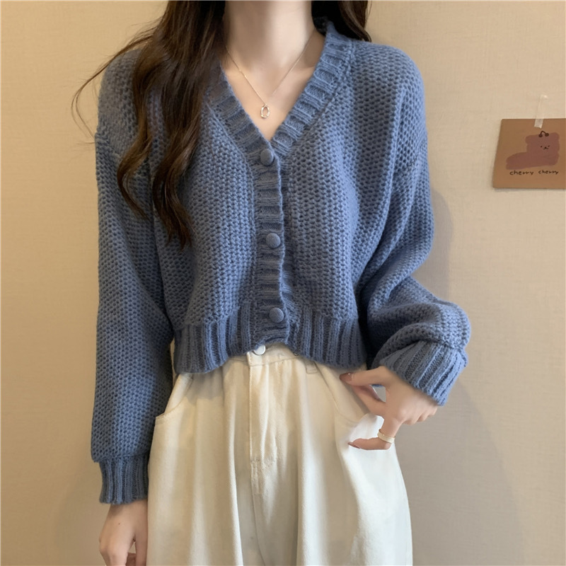 V-Neck Button Wool Blend Cable Knit Cardigan