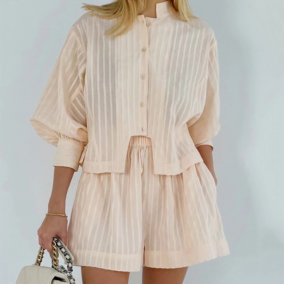 Pure Cotton Pinstripe Long-Sleeve Shorts Set