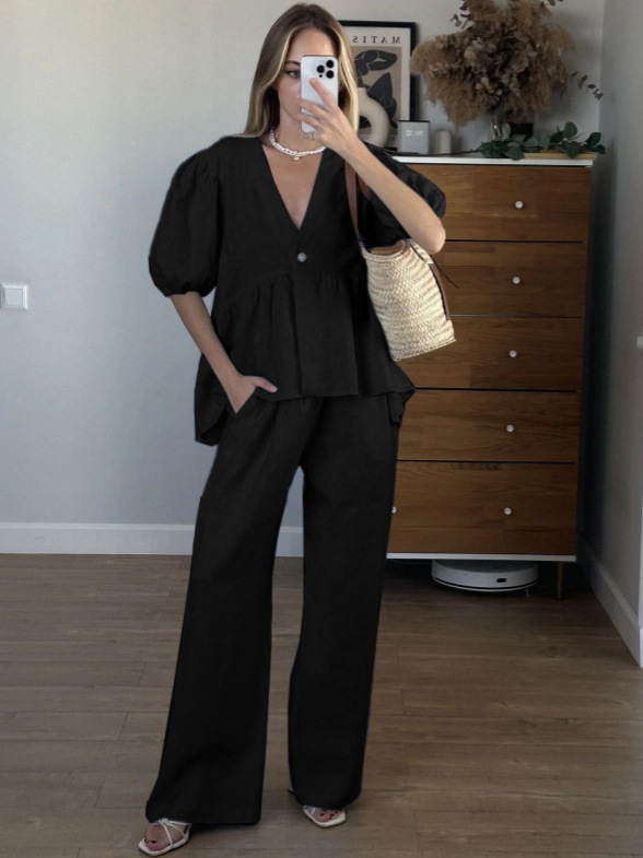 Cotton Peplum Top and Pants Set