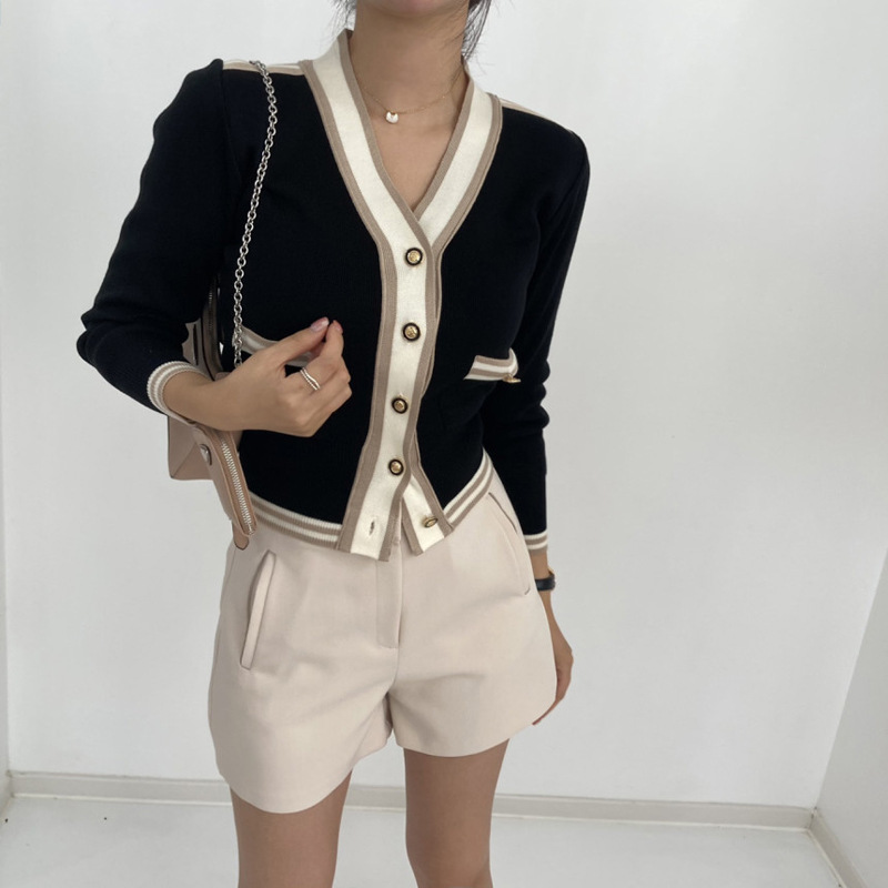 Contrast-Trim Metal Button Cardigan