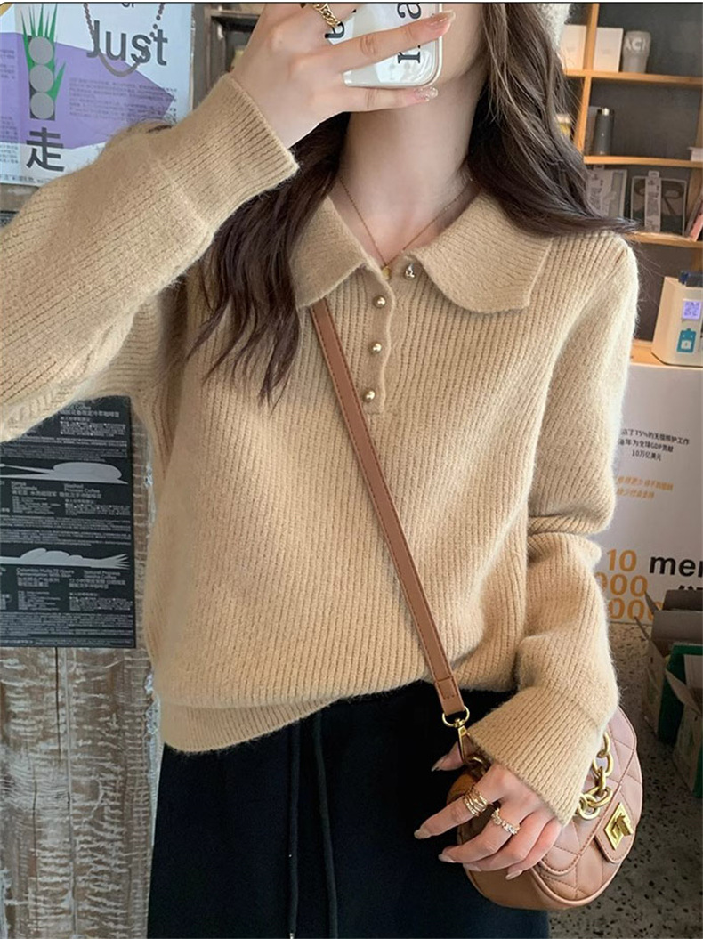 Polo‑collar Button Placket Pullover Sweater