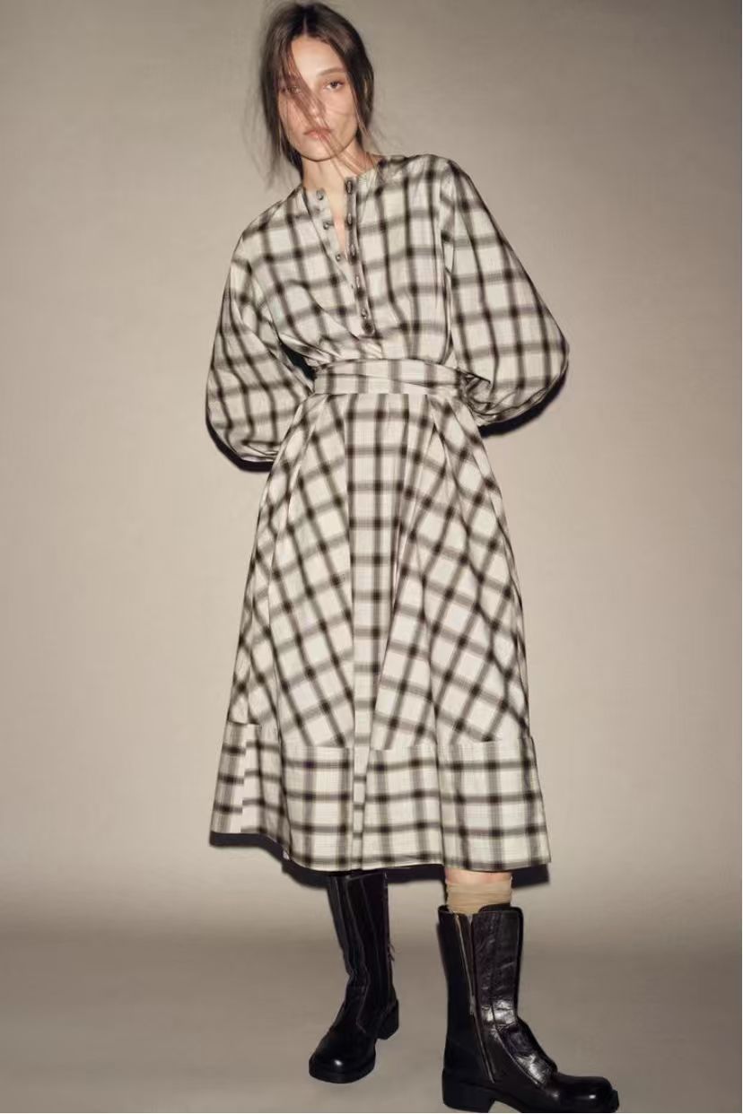 Two Way Asymmetric Plaid Shirt Midi Dress