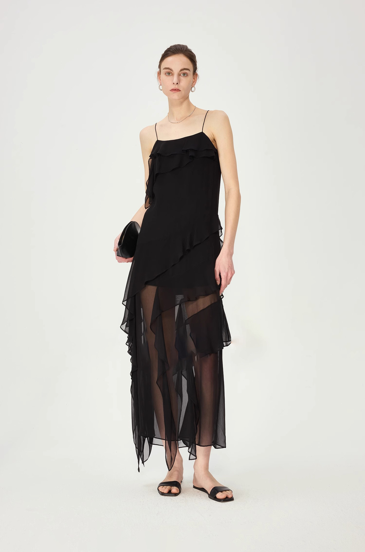 Silk Lightweight Flowy Bias-Cut Ruffled Midi Skirt