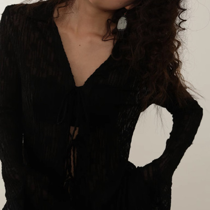 Chiffon Sheer Lettuce Trim Long Sleeve Shirt