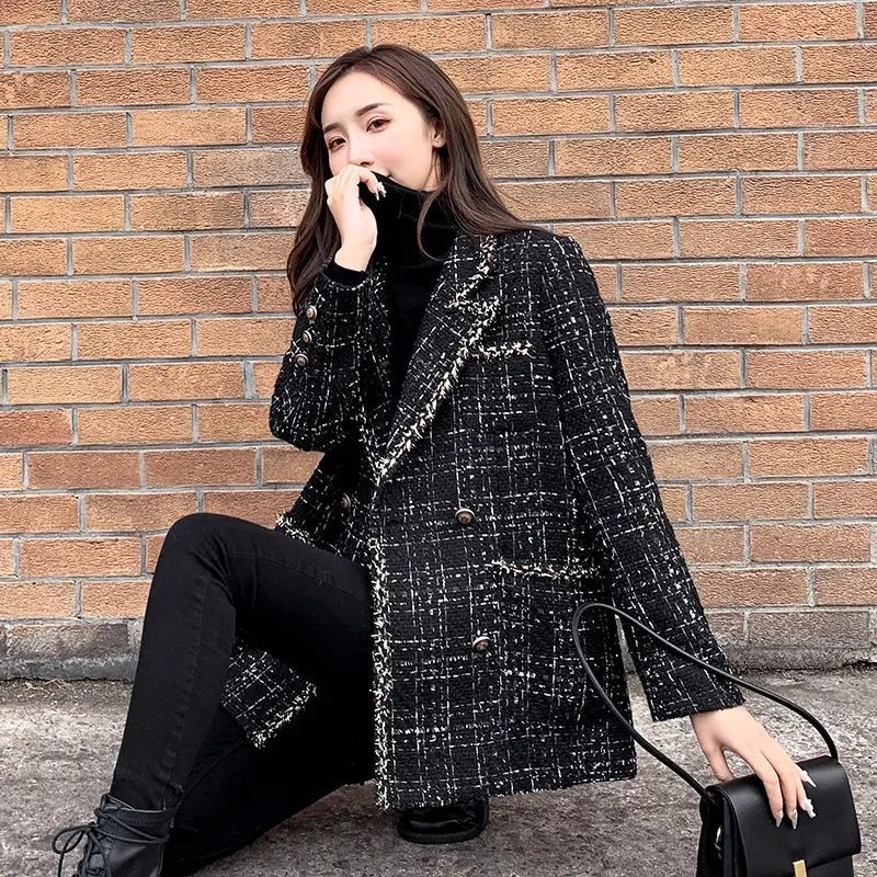 2023 Autumn And Winter Ladies Loose Plaid Tweed Jacket Small Perfume Rough Flower Celebrity Splicing Small Suit