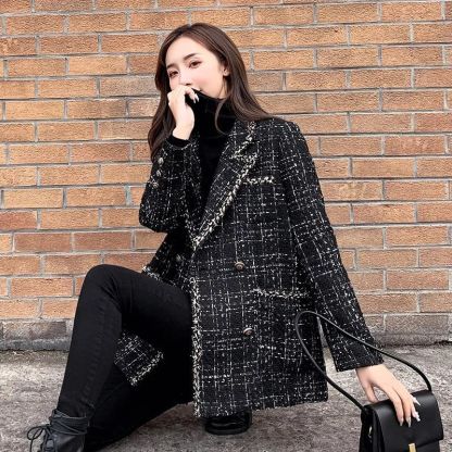2023 Autumn And Winter Ladies Loose Plaid Tweed Jacket Small Perfume Rough Flower Celebrity Splicing Small Suit