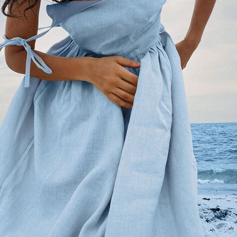 Backless Cotton Linen Lace Up Midi Dress