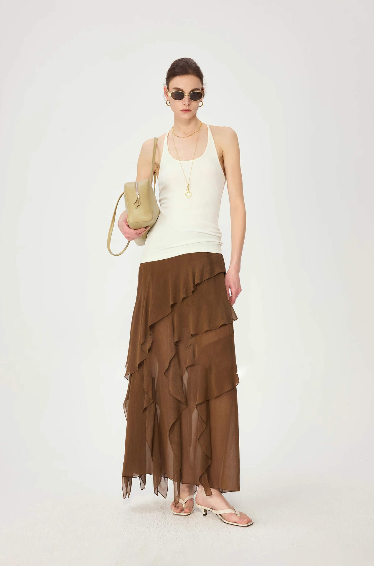 Silk Lightweight Flowy Bias-Cut Ruffled Midi Skirt