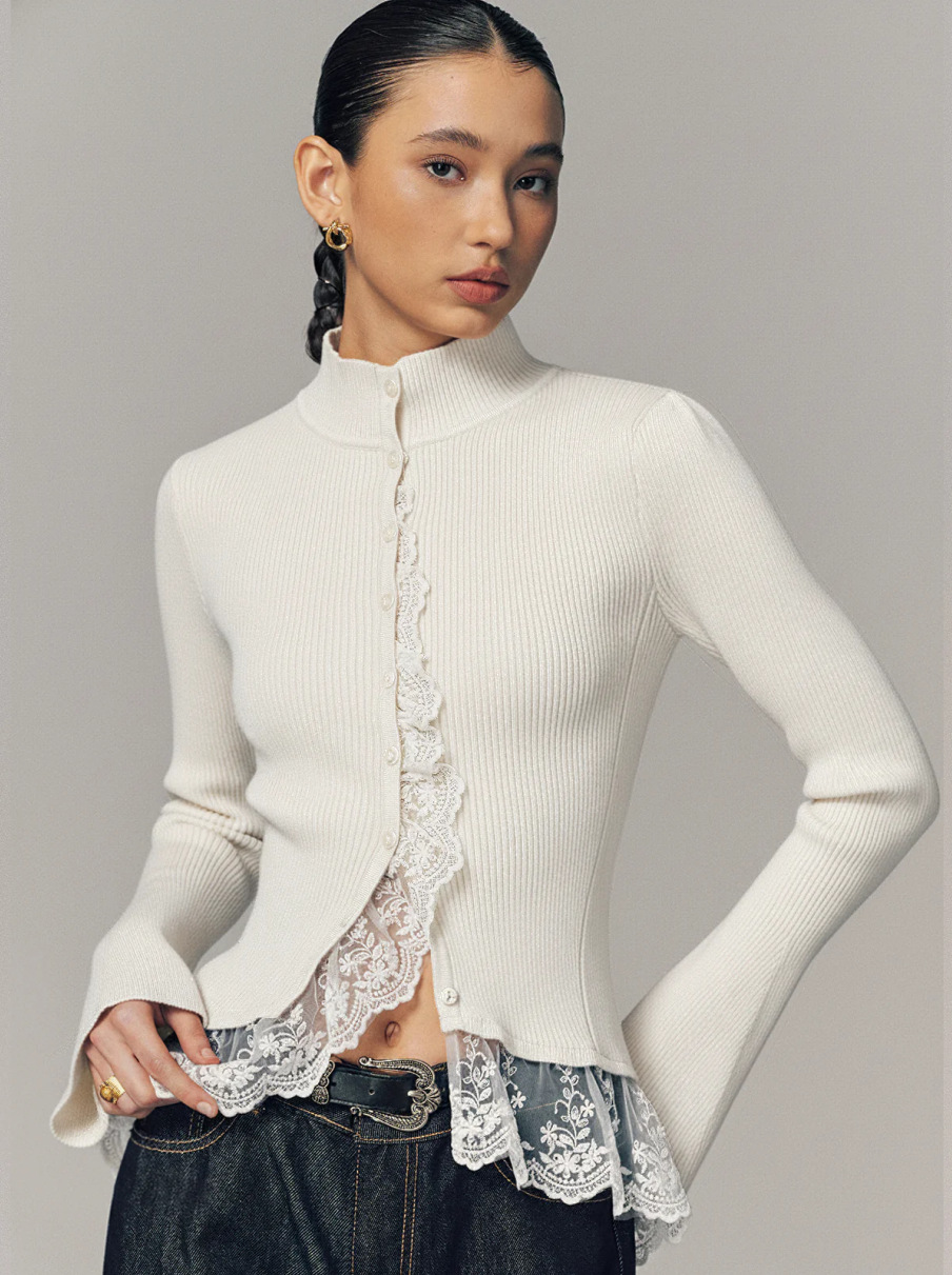 Ribbed Mock Neck Lace Trim Cardigan