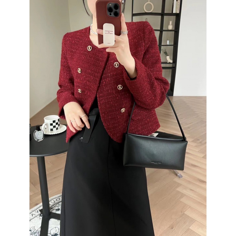 Red Double-Breasted Tweed Crop Jacket