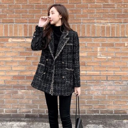 2023 Autumn And Winter Ladies Loose Plaid Tweed Jacket Small Perfume Rough Flower Celebrity Splicing Small Suit