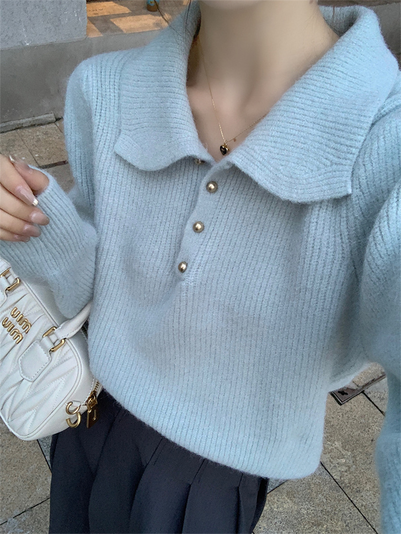 Polo‑collar Button Placket Pullover Sweater