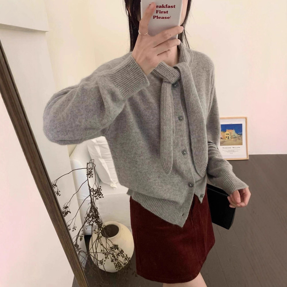 Tie-Neck Metal Button Knit Cardigan