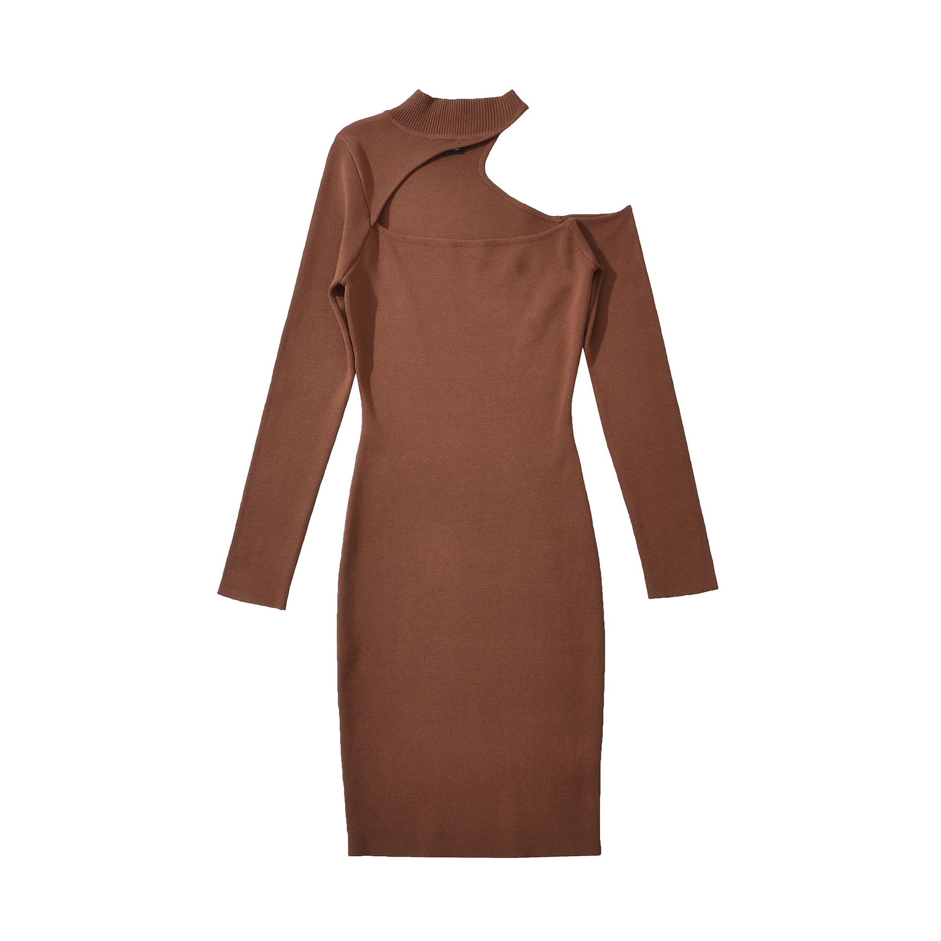 Mock Neck Oblique Cutout Rib Long Sleeve Short Dress