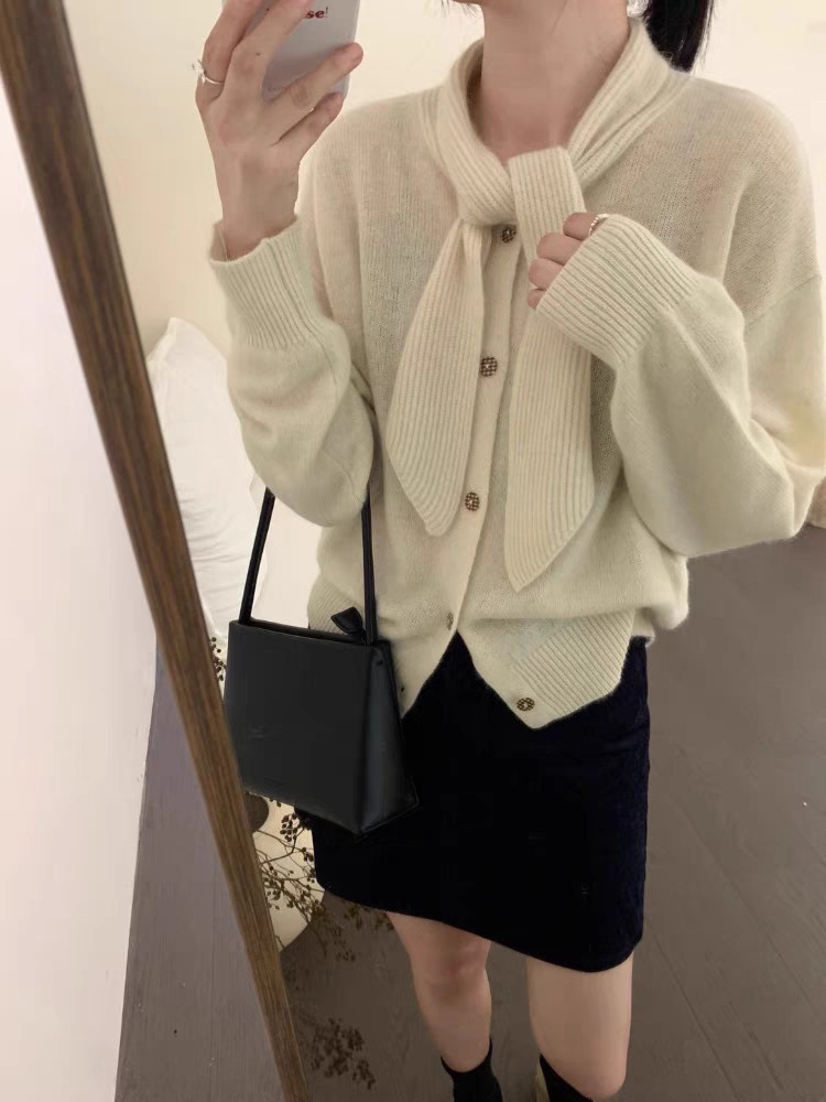 Tie-Neck Metal Button Knit Cardigan