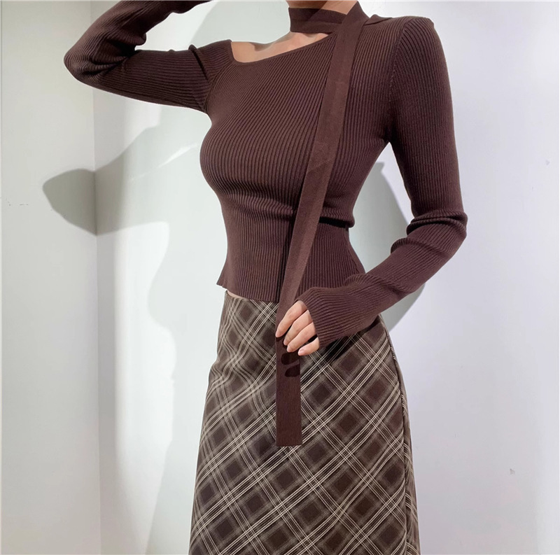 Tie-Detail Cold-Shoulder Knit Sweater