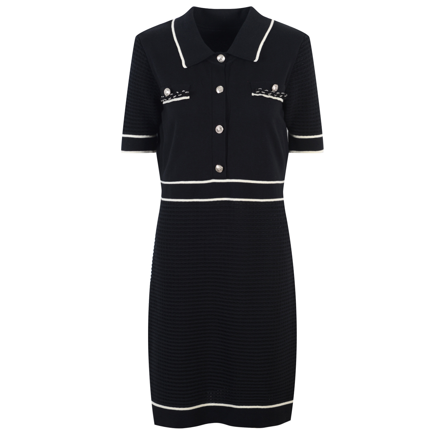 White Contrast Trim Collared Knitted Mini Dress-J.ING