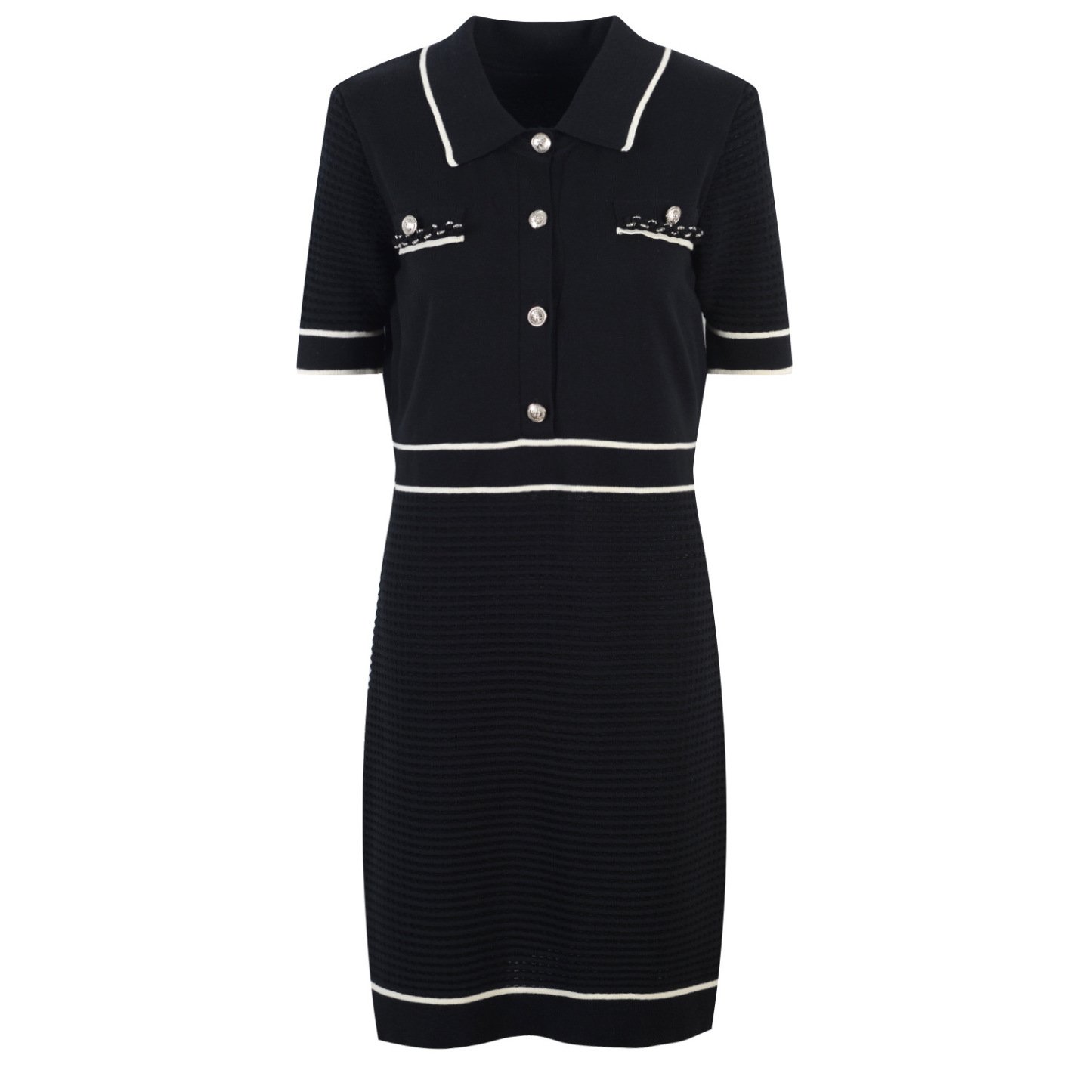 White Contrast Trim Collared Knitted Mini Dress-J.ING