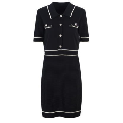 White Contrast Trim Collared Knitted Mini Dress