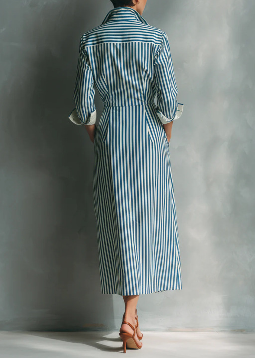 Striped Belted Tie Cuff Shirt Midi Dress