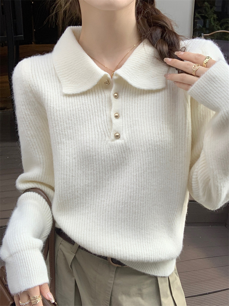 Polo‑collar Button Placket Pullover Sweater