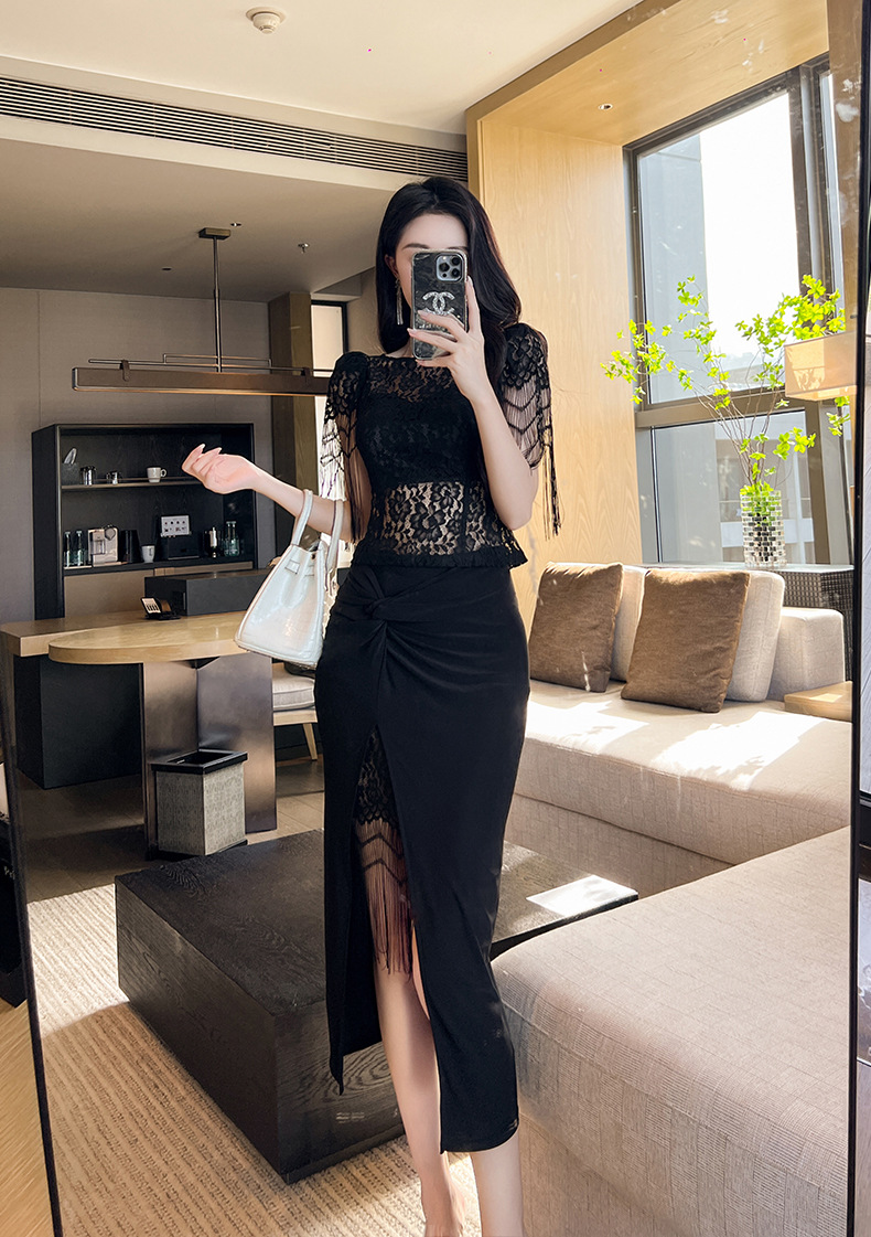 Suede Effect Lace-Slit Midi Skirt