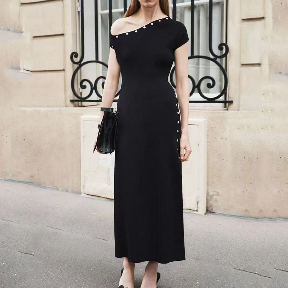One-Shoulder Button Detail Knit Maxi Dress