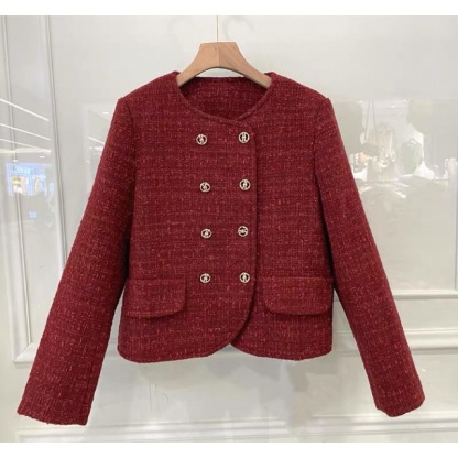 Red Double-Breasted Tweed Crop Jacket