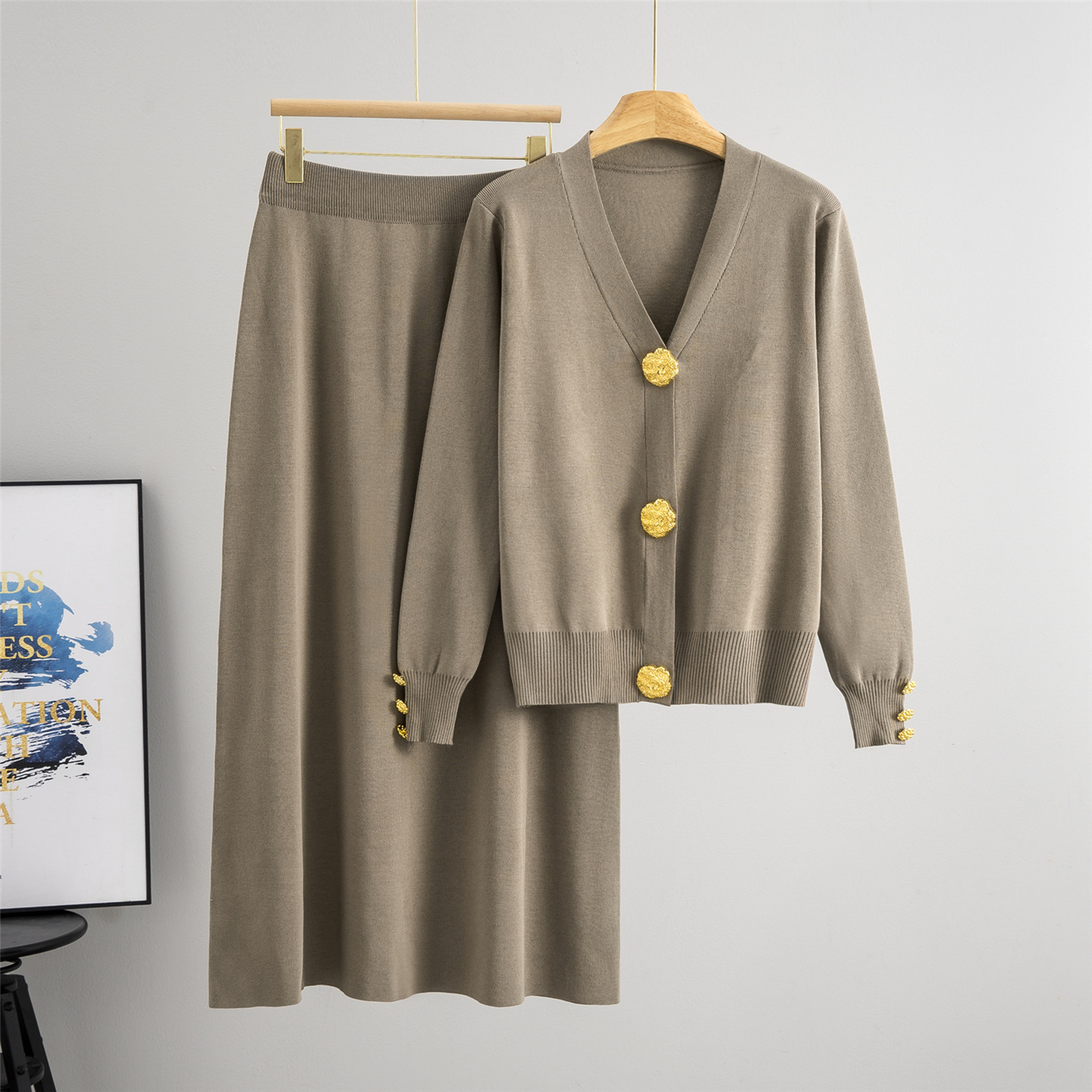 Buttoned Contrast Fringe Split Sweater And Skirt Set