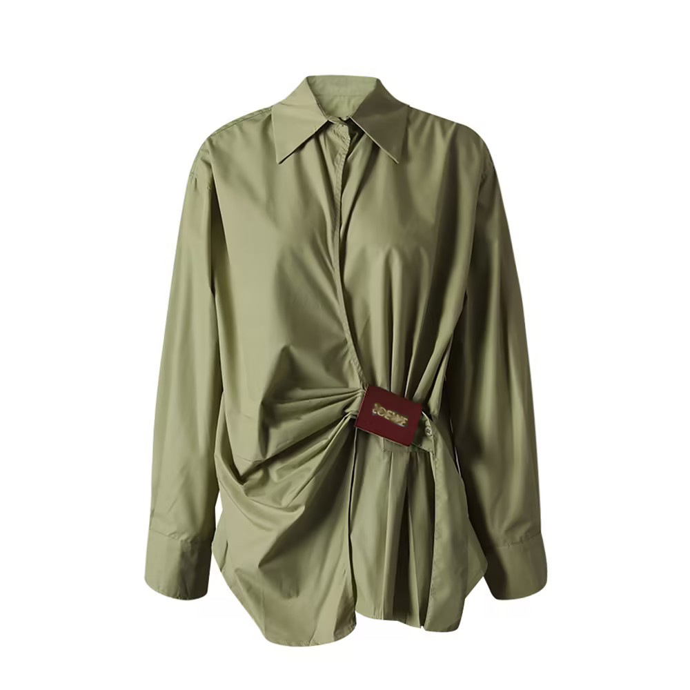 Cotton Ruched Shirt with Faux Leather Detail