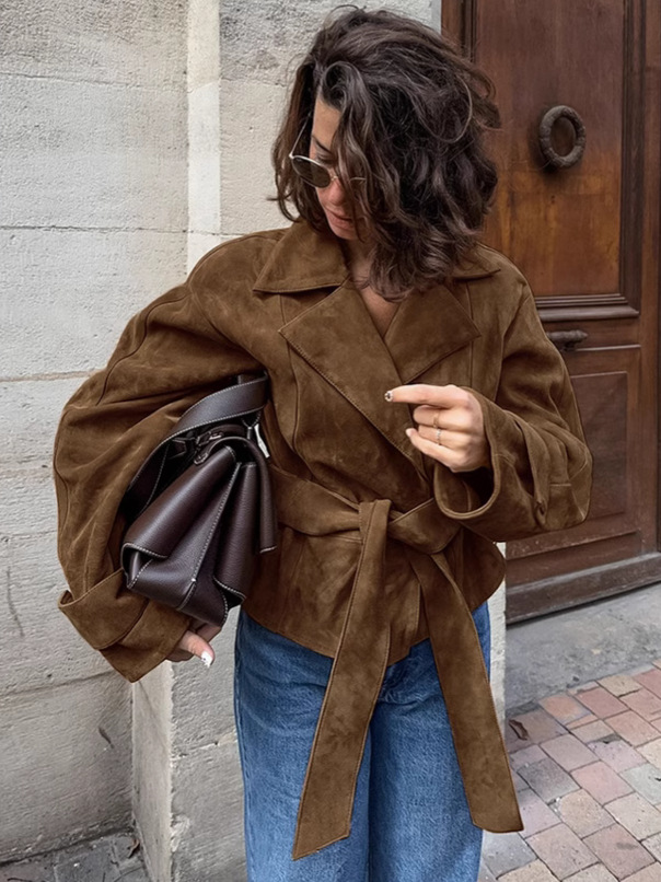 Lapel Suede Effect Belted Trench Coat
