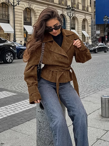 Lapel Suede Effect Belted Trench Coat