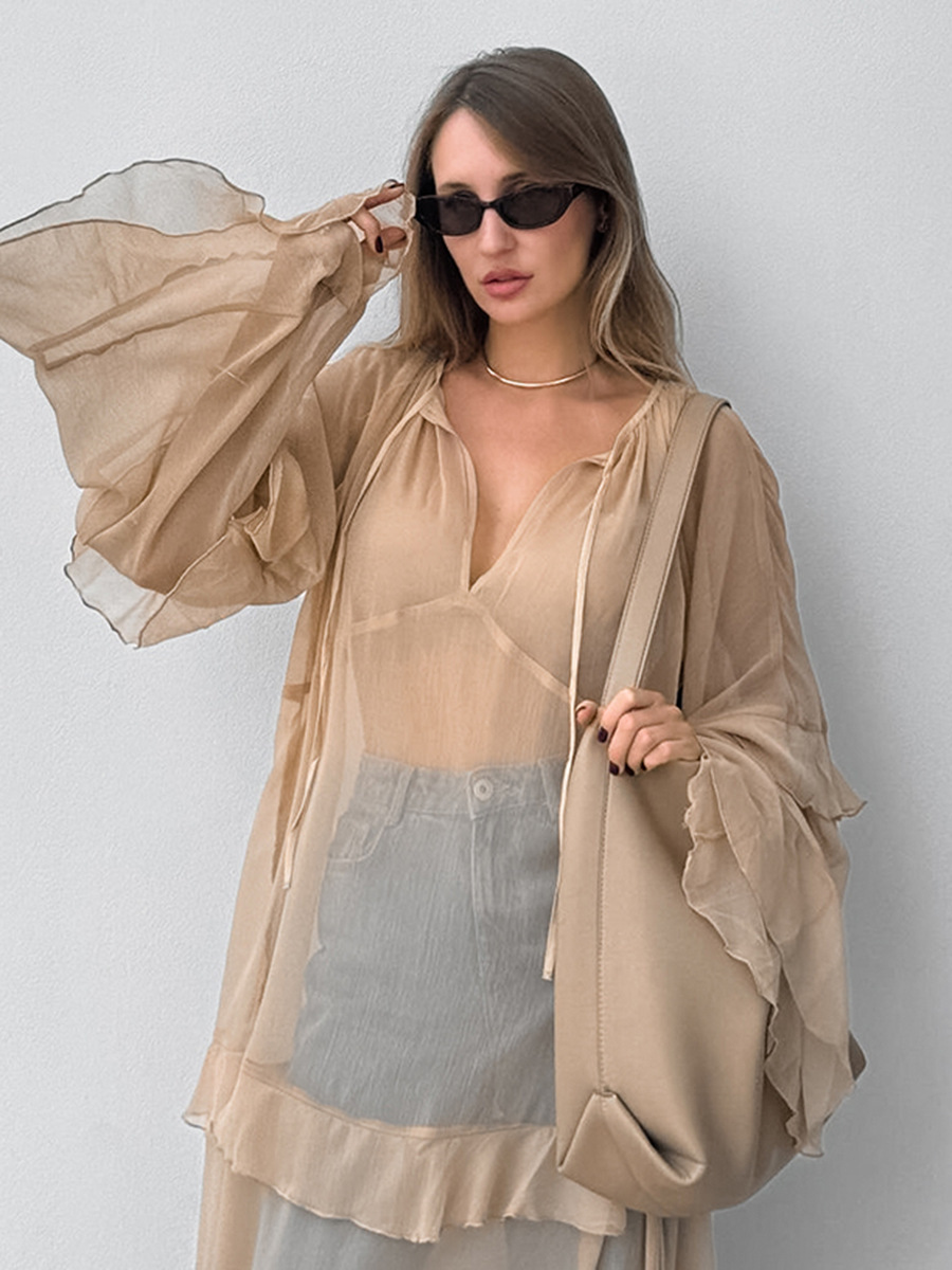 Semi-Sheer Chiffon Layered Dress With Cloak