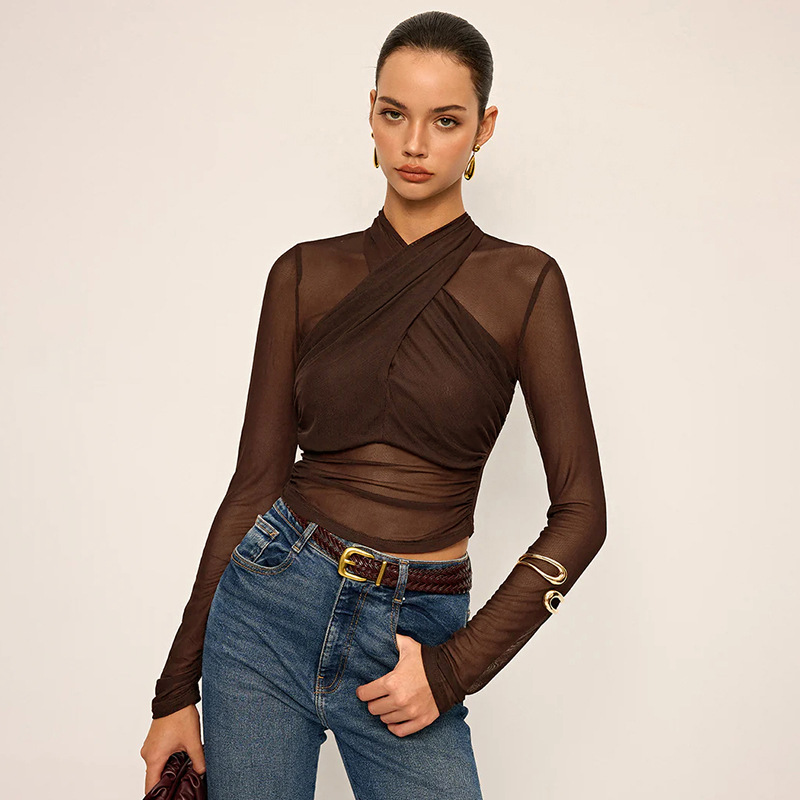 Cross‑Front Mesh Long Sleeve Top