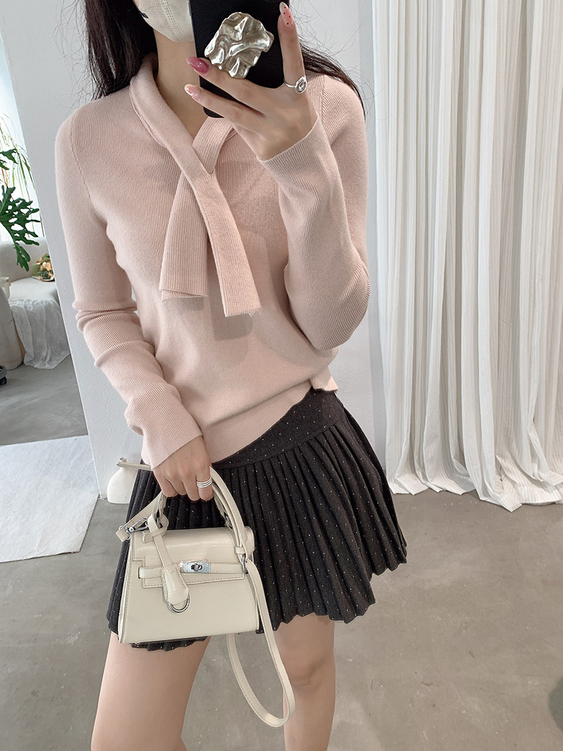 Wool-Blend Tie-Neck Fitted Knit Top