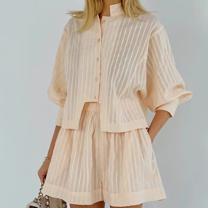 Pure Cotton Pinstripe Long-Sleeve Shorts Set