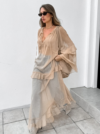 Semi-Sheer Chiffon Layered Dress With Cloak