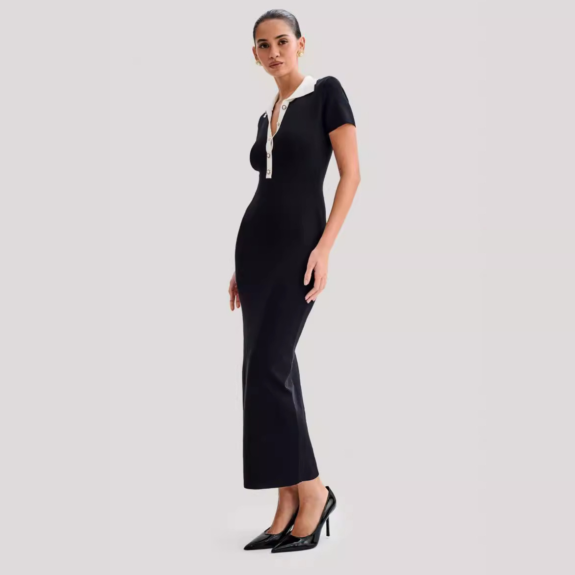 Denim-Collar Buttoned Polo Knit Midi Dress