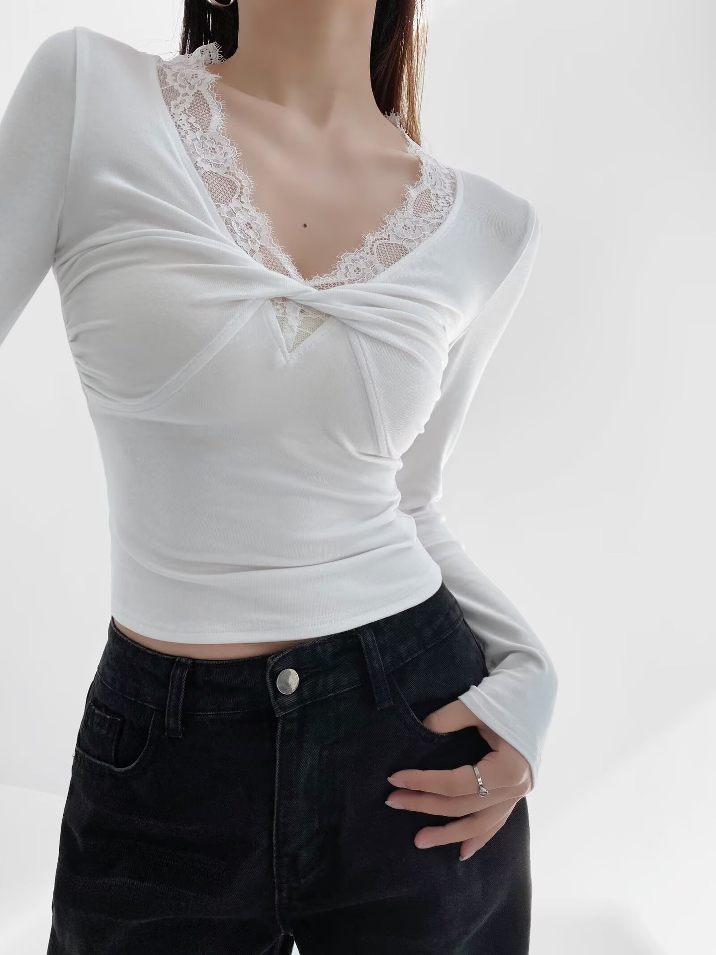Lace-Trim V-Neck Knot-Front Top