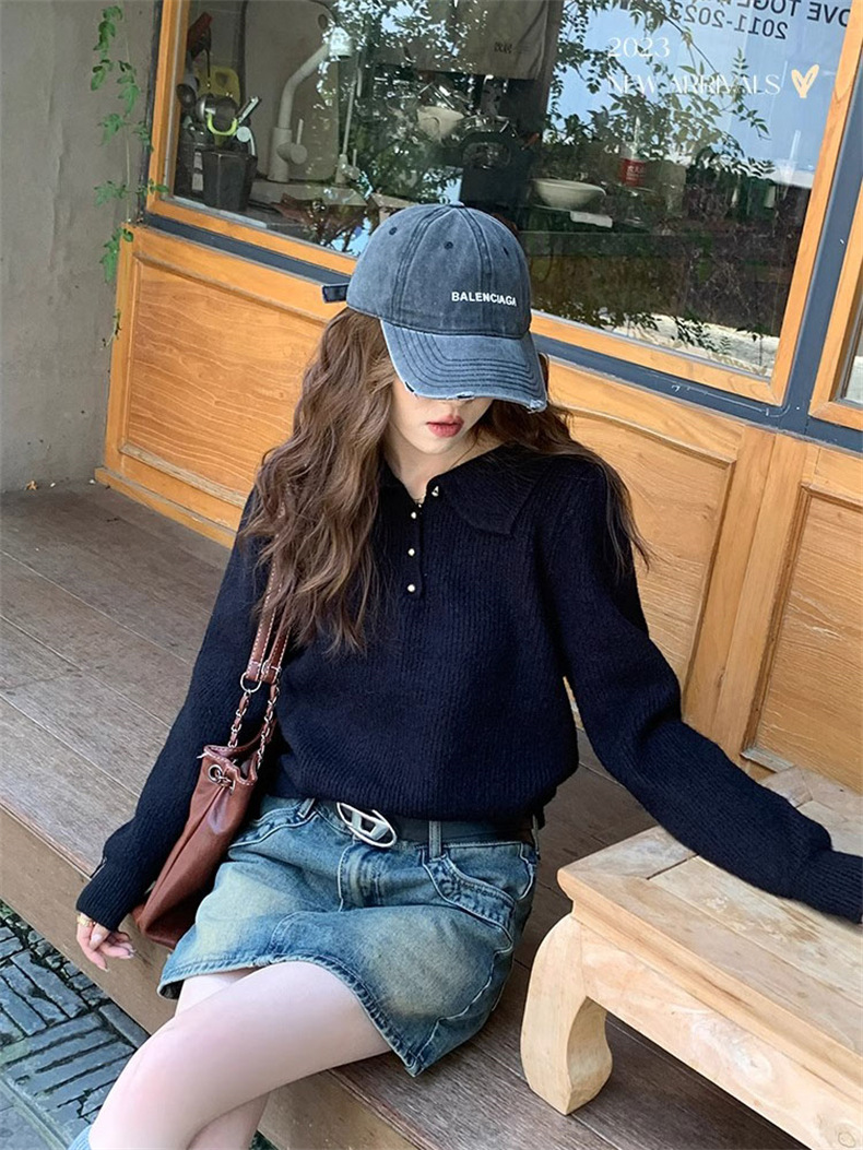 Polo‑collar Button Placket Pullover Sweater