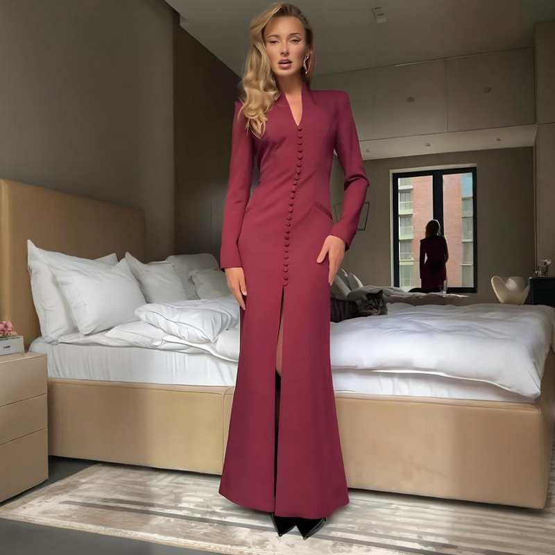Elegant Long Sleeve V-Neck Maxi Dress | High Waist Button Detail Dress for Women