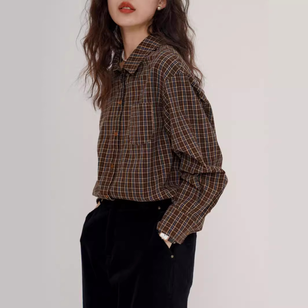Collared Puff-Sleeve Plaid Bodysuit