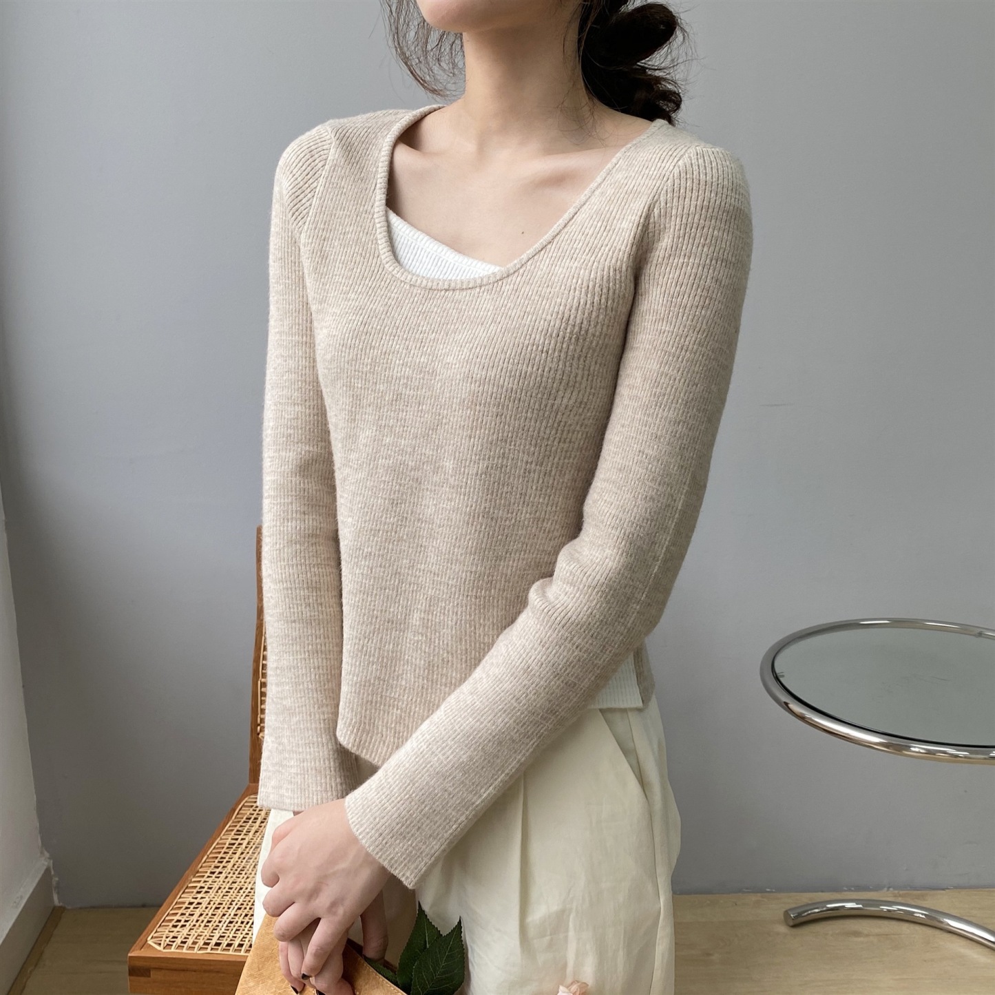 2 in 1 Color-Block Asymmetric Ribbed Knit Top