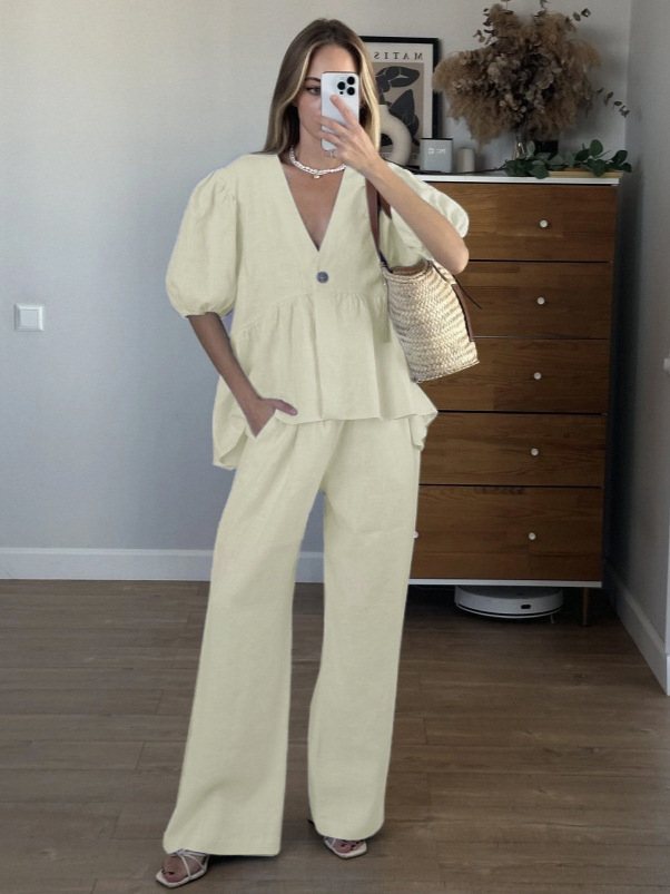 Cotton Peplum Top and Pants Set