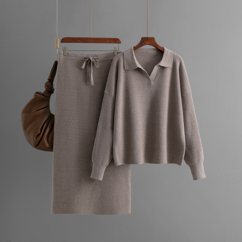 Polo-Neck Knit Top & Tie-Waist Midi Skirt Set